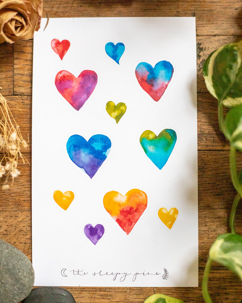 Multicolored Watercolor Hearts | Sticker Sheet