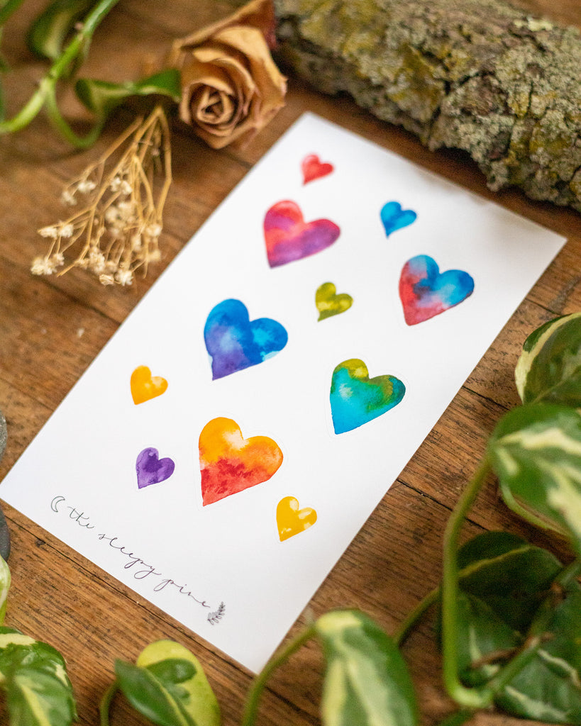 Multicolored Watercolor Hearts | Sticker Sheet