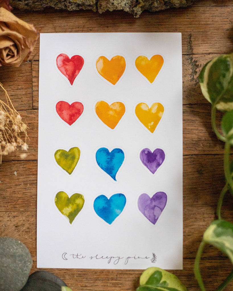 Rainbow Watercolor Hearts | Sticker Sheet