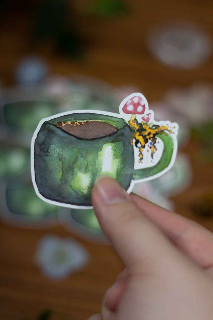 Whimsical Mushroom Coffee Mug Sticker